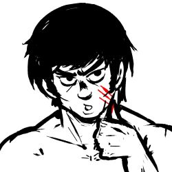 Rule 34 | 1boy, akairiot, bare shoulders, black hair, blood, blood on face, bruce lee, headband, highres, male focus, monochrome, rambo, real life, topless male, short hair, simple background, thumbs up, white background