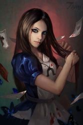 Rule 34 | 1girl, alice: madness returns, alice (alice in wonderland), american mcgee&#039;s alice, apron, black hair, blood, blue eyes, breasts, card, closed mouth, commentary, cubi767, dress, jewelry, jupiter symbol, long hair, looking at viewer, necklace, solo
