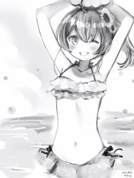 Rule 34 | 1girl, arms up, bikini, bikini skirt, breasts, flower, greyscale, grin, hair flower, hair ornament, hands up, highres, hololive, looking at viewer, monochrome, nanashi (nlo), natsuiro matsuri, natsuiro matsuri (hololive summer 2019), navel, one eye closed, ponytail, small breasts, smile, solo, sunflower, sunflower hair ornament, swimsuit, virtual youtuber, wading