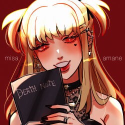 Rule 34 | 1girl, absurdres, amane misa, black nails, blonde hair, book, breasts, character name, commentary, cross, cross earrings, death note, death note (object), ear piercing, earrings, english commentary, facial mark, fingernails, glint, goth fashion, hair ornament, hair ribbon, hairpin, head tilt, heart, highres, holding, holding book, huyandere, jewelry, long fingernails, medium breasts, multiple earrings, multiple hairpins, multiple rings, piercing, red background, red eyes, ribbon, ring, skull, smile, solo, sparkle, two side up