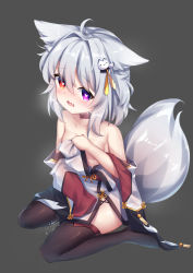 Rule 34 | 1girl, aged down, ahoge, animal ears, bare shoulders, bell, black thighhighs, blush, breasts, breath, choker, collarbone, dress, fang, female focus, fox ears, fox girl, fox tail, full body, grey background, grey hair, hair between eyes, hair intakes, hair ornament, heart, heart-shaped pupils, heterochromia, highres, indie virtual youtuber, jingle bell, long sleeves, looking at viewer, official art, open mouth, oversized clothes, purple eyes, pussy juice, red choker, red eyes, shiny skin, short hair, side slit, sidelocks, simple background, sitting, skin fang, sleeves past fingers, sleeves past wrists, small breasts, solo, symbol-shaped pupils, tail, thighhighs, umou (may65879), wariza, white dress, wide sleeves, ye qing (vtuber)