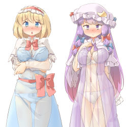 Rule 34 | 2girls, alice margatroid, arnest, blonde hair, blue bow, blue bra, blue dress, blue eyes, blue panties, blush, bow, bra, breast hold, breasts, capelet, commentary request, dress, hair bow, hairband, hat, long hair, looking at viewer, medium breasts, medium hair, mob cap, multiple girls, navel, panties, patchouli knowledge, purple dress, purple eyes, purple hair, purple headwear, red bow, red hairband, see-through, simple background, striped clothes, striped dress, touhou, underwear, white background, white bra, white capelet, white panties