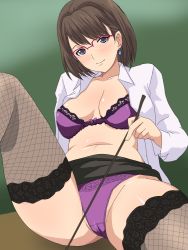 Rule 34 | 1girl, anegasaki nene, blue eyes, blush, bra, breasts, brown hair, cameltoe, demonstration, earrings, fishnet thighhighs, fishnets, glasses, jewelry, large breasts, lingerie, love plus, mole, mole under eye, open clothes, open shirt, panties, partially visible vulva, purple bra, purple panties, riding crop, shirt, short hair, solo, spread legs, teacher, thighhighs, toku (tokuhp), underwear, whip