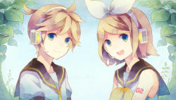 Rule 34 | 00s, 1boy, 1girl, :d, bad id, bad pixiv id, black sailor collar, blonde hair, brother and sister, choke (amamarin), green eyes, hair ornament, hairband, hairclip, headphones, headset, kagamine len, kagamine rin, looking at viewer, necktie, open mouth, parted bangs, sailor collar, shirt, short hair, short sleeves, siblings, sleeveless, sleeveless shirt, smile, tattoo, twins, upper body, vocaloid, white hairband, white shirt, yellow neckwear