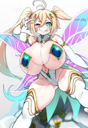 Rule 34 | 1girl, ahoge, aqua hair, areola slip, bikini, blonde hair, blush, breasts, bridal gauntlets, cleavage, curvy, detached collar, eyepatch bikini, fairy, fairy (konoshige), fairy wings, fang, fang out, gloves, gradient hair, green eyes, hair between eyes, hair ornament, huge areolae, huge breasts, konoshige (ryuun), large areolae, leotard, licking lips, long hair, looking at viewer, multicolored hair, navel, one eye closed, original, pointy ears, shiny clothes, shiny skin, shortstack, sidelocks, sign of the horns, smile, solo, sparkle, sparkling eyes, swimsuit, thick thighs, thighhighs, thighs, tongue, tongue out, twintails, very long hair, white gloves, white thighhighs, wide hips, wings