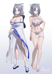 Rule 34 | 1girl, bare arms, bare legs, bare shoulders, bikini, black footwear, blue eyes, bow, breasts, choker, cleavage, commentary request, full body, gradient background, grey background, grey bikini, grey hair, hair bow, hand on own hip, highres, japanese clothes, kimono, large breasts, long sleeves, looking at viewer, maanu, multiple views, navel, off shoulder, okobo, sandals, senran kagura, short hair, socks, standing, stomach, swimsuit, white background, white bow, white choker, white kimono, white socks, wide sleeves, yumi (senran kagura)