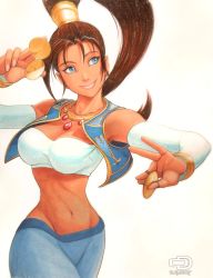 Rule 34 | 1girl, arabian clothes, arika, bandeau, blue eyes, bracelet, breasts, brown hair, capcom, cleavage, dancer, dark skin, dark-skinned female, jewelry, large breasts, long hair, looking away, midriff, navel, necklace, omar dogan, ponytail, pullum, pullum purna, shirt, smile, solo, street fighter, street fighter ex (series), taut clothes, taut shirt, vest
