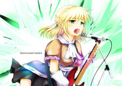 Rule 34 | 1girl, arm warmers, blonde hair, character name, english text, female focus, ging (tokushima), green eyes, guitar, highres, instrument, microphone, microphone stand, mizuhashi parsee, music, open mouth, pointy ears, short hair, singing, solo, touhou