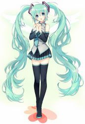 Rule 34 | 1girl, aqua eyes, aqua hair, bad id, bad pixiv id, black footwear, black thighhighs, boots, detached sleeves, full body, hatsune miku, head tilt, long hair, looking at viewer, necktie, own hands clasped, own hands together, skirt, solo, thigh boots, thighhighs, twintails, usamito, very long hair, vocaloid, zettai ryouiki
