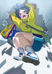Rule 34 | 1girl, angry, arms up, blue hair, blue shorts, dark blue hair, eggshell, hair ornament, hairclip, heterochromia, highres, holding, holding weapon, hood, hood down, hoodie, long sleeves, ooto ai, open mouth, sakurami sumi, shoe soles, shoes, short hair, shorts, sneakers, solo, weapon, wonder egg priority, yellow eyes, yellow hoodie