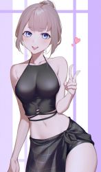 Rule 34 | 1girl, arm up, bad id, bad twitter id, bare shoulders, black tank top, blonde hair, blue eyes, blush, breasts, collarbone, crop top, feet out of frame, highres, kuen (kuennn12), long hair, looking at viewer, medium breasts, navel, open mouth, original, solo, standing, tank top, teeth, tongue, tongue out, upper teeth only, v