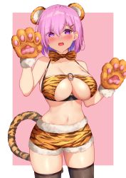 Rule 34 | 1girl, absurdres, alternate costume, animal ears, animal hands, animal print, bare shoulders, bikini, black thighhighs, blush, breasts, cleavage, collarbone, fake animal ears, fate/grand order, fate (series), gloves, hair over one eye, highres, large breasts, light purple hair, looking at viewer, mash kyrielight, namaponpon 00, navel, open mouth, orange bikini, orange shorts, paw gloves, purple eyes, short hair, shorts, solo, swimsuit, tail, thighhighs, thighs, tiger ears, tiger print, tiger tail