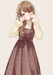 Rule 34 | 1girl, :o, blush, brown dress, brown eyes, brown hair, brown shirt, commentary request, double ok sign, dress, grey background, hanako151, hands up, head tilt, highres, long hair, long sleeves, looking at viewer, ok sign, original, parted lips, pleated dress, puffy long sleeves, puffy sleeves, shirt, simple background, sleeveless, sleeveless dress, solo