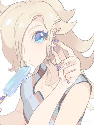 Rule 34 | 1girl, blush, crown, earrings, food, hair over one eye, highres, ice cream, jewelry, long hair, looking at viewer, mario (series), nintendo, popsicle, rosalina, simple background, smile, solo, star (symbol), star earrings, super mario galaxy, white background, yasaikakiage