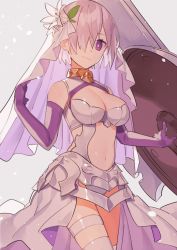 Rule 34 | 1girl, adapted costume, armor, armored dress, bad id, bad twitter id, breasts, bright pupils, cleavage, cleavage cutout, closed mouth, clothing cutout, contrapposto, cowboy shot, dress, elbow gloves, fate/grand order, fate (series), flower, gloves, grey background, hair flower, hair ornament, hair over one eye, large breasts, leotard, looking at viewer, mash kyrielight, navel, navel cutout, pink hair, purple eyes, shield, short hair, simple background, smile, solo, standing, thigh strap, thighhighs, uninu, veil, white dress, white leotard, white pupils, white thighhighs