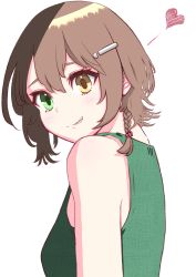 Rule 34 | 1girl, absurdres, artyo yamaguchi, bare shoulders, breasts, brown hair, buber, eyebrows hidden by hair, green eyes, hair between eyes, hair ornament, hairclip, heart, highres, indie virtual youtuber, looking at viewer, looking back, multicolored eyes, open mouth, sakusan kanon, short hair, simple background, sleeveless, small breasts, smile, solo, virtual youtuber, white background, yellow eyes