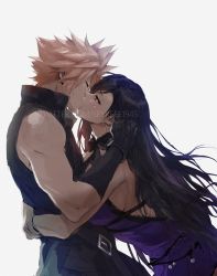 1boy, 1girl, alternate costume, bare shoulders, black gloves, black hair, blonde hair, blue dress, blush, breasts, cloud strife, couple, dress, earrings, final fantasy, final fantasy vii, final fantasy vii remake, gloves, hair between eyes, hands on another&#039;s head, hetero, high collar, hug, jewelry, kiss, large breasts, long hair, looking at another, official alternate costume, red eyes, sideboob, sleeveless, spiked hair, spykeee, square enix, tifa lockhart, tifa lockhart&#039;s refined dress, twitter username, white background
