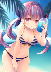 Rule 34 | 1girl, :o, absurdres, ahoge, beach, bikini, blue sky, blush, braid, breasts, brown eyes, brown hair, bubble tea, cleavage, cloud, colored inner hair, cup, day, disposable cup, drink, hair ribbon, hand on own thigh, highres, holding, holding drink, hololive, leaning forward, looking at viewer, medium breasts, minato aqua, minato aqua (hololive summer 2019), multicolored hair, nail polish, navel, ocean, open mouth, outdoors, palm tree, ribbon, sky, solo, standing, straw, striped bikini, striped clothes, sweat, swimsuit, tree, twintails, virtual youtuber
