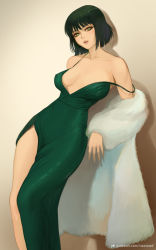Rule 34 | 1girl, alternate costume, artist name, bare shoulders, blush, breasts, brown background, collarbone, dress, evening gown, feet out of frame, fubuki (one-punch man), fur shawl, gradient background, green eyes, green hair, looking at viewer, medium breasts, nextoad, one-punch man, parted lips, pelvic curtain, pink lips, shawl, short hair, sleeveless, sleeveless dress, solo, standing, strap slip, watermark, web address