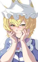 Rule 34 | 1girl, blonde hair, blush, breasts, bunsuirei, closed mouth, commentary request, hands on own face, hat, highres, large breasts, looking at viewer, mob cap, short hair, simple background, solo, touhou, upper body, white background, white hat, yakumo ran, yellow eyes