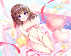 Rule 34 | 1girl, :d, barefoot, between legs, blush, bottomless, bow, box, breasts, brown hair, commentary request, dutch angle, groin, hair between eyes, hand between legs, heart, highres, in box, in container, long hair, naked ribbon, navel, open mouth, original, pillow, pink bow, pink ribbon, purple eyes, ribbon, round teeth, shiwasu horio, sitting, small breasts, smile, soles, solo, teeth, upper teeth only, wariza
