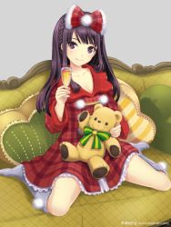 Rule 34 | 1girl, alcohol, black eyes, black hair, bow, champagne, champagne glass, cherry, couch, dress, food, fruit, glass, green upholstery, hair bow, hair ornament, holding, ikura shizuku, ilog, long hair, occhan (11715), official art, patterned upholstery, plaid, plaid dress, red dress, sitting, smile, socks, solo, stuffed animal, stuffed toy, teddy bear, wariza, white socks