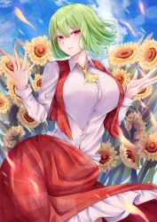 Rule 34 | 1girl, ascot, blue sky, breasts, closed mouth, cloud, commentary request, field, flower, flower field, frilled skirt, frills, green hair, highres, kazami yuuka, large breasts, long sleeves, looking at viewer, mirufui, outdoors, parted lips, red eyes, red skirt, red vest, shirt, short hair, sketch, skirt, sky, smile, solo, sunflower, sunflower field, touhou, vest, white shirt, yellow ascot, yellow flower