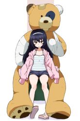 Rule 34 | 1girl, bandages, bandaid, black hair, blue shorts, boko (girls und panzer), brown eyes, camisole, casual, commentary, flower, girls und panzer, hairband, jacket, kayabakoro, long hair, long sleeves, looking at viewer, open clothes, open jacket, oversized object, parted lips, pink flower, pink jacket, reizei mako, sandals, shirt, short shorts, shorts, simple background, sitting, sleeves past fingers, sleeves past wrists, solo, striped clothes, striped shirt, stuffed animal, stuffed toy, teddy bear, white background, white hairband, white shirt