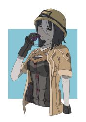 Rule 34 | 1girl, aged down, alternate costume, black eyes, black gloves, black hair, blue background, breasts, brown jacket, bucket hat, cropped torso, gloves, hair between eyes, half-closed eyes, hat, highres, holding, jacket, jitome, looking at viewer, made in abyss, medium breasts, multicolored hair, ozen, servomotorr, short hair, short sleeves, solo, standing, two-tone hair, whistle, white hair