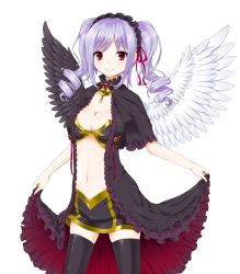 Rule 34 | 10s, 1girl, asymmetrical wings, bad id, bad pixiv id, black thighhighs, breasts, capelet, cleavage, clothes lift, dress, dress lift, drill hair, gothic lolita, hairband, idolmaster, idolmaster cinderella girls, jewelry, kanzaki ranko, lilac (p-f easy), lolita fashion, long hair, medium breasts, navel, purple hair, red eyes, ribbon, smile, solo, thighhighs, twin drills, twintails, white background, wings