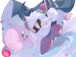 Rule 34 | blue cape, blue eyes, blue skin, candy, cape, chromatic aberration, colored skin, commentary request, food, gloves, hand on another&#039;s face, highres, holding, holding candy, holding food, holding lollipop, invincible candy, kananishi, kirby, kirby (series), light blush, lollipop, looking at another, meta knight, nintendo, no humans, open mouth, petals, pink skirt, purple footwear, red footwear, ripples, sabaton, shoes, shoulder pads, skirt, smile, solid oval eyes, sparkle, star (symbol), two-sided cape, two-sided fabric, white background, white cape, white gloves, white mask, yellow eyes