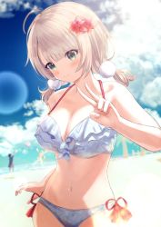Rule 34 | 1girl, absurdres, ahoge, beach, bikini, blue sky, blurry, blurry background, blush, breasts, cleavage, closed mouth, cloud, day, flower, green eyes, hair flower, hair ornament, highres, indie virtual youtuber, large breasts, light brown hair, looking at viewer, low twintails, misaki nonaka, nail polish, navel, outdoors, pink nails, pom pom (clothes), pom pom hair ornament, shigure ui (channel), shigure ui (vtuber), short hair, side-tie bikini bottom, sky, smile, solo, swimsuit, twintails, v, virtual youtuber, white bikini