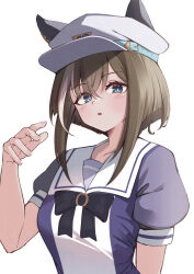 Rule 34 | 1girl, absurdres, animal ears, blue eyes, blush, bob cut, bow, bowtie, brown hair, cheval grand (umamusume), dhuten, hat, highres, horse ears, horse girl, horseshoe ornament, inverted bob, looking at viewer, multicolored hair, peaked cap, puffy short sleeves, puffy sleeves, purple bow, purple bowtie, purple serafuku, purple shirt, sailor collar, sailor shirt, school uniform, serafuku, shirt, short hair, short sleeves, simple background, streaked hair, tracen school uniform, umamusume, upper body, white background, white hat