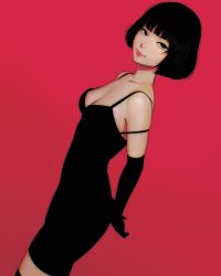 Rule 34 | 1girl, alt text, arms behind back, bare shoulders, black dress, black eyes, black thighhighs, blunt bangs, bob cut, breasts, cleavage, collarbone, cowboy shot, detached sleeves, dress, dutch angle, freckles, highres, ilya kuvshinov, lipstick, looking at viewer, makeup, original, red background, red lips, short hair, solo, strap slip, thighhighs, thighs