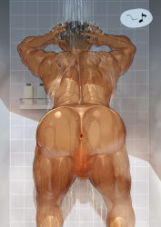 Rule 34 | 1boy, anus, ass, ass focus, back, bara, censored, completely nude, dark-skinned male, dark skin, feet out of frame, from behind, gorou naoki, leaning forward, male focus, mosaic censoring, muscular, muscular male, nude, original, paid reward available, penis, presenting, r (place), paid reward available, short hair, shower (place), showering, solo, standing, tan, tanline, thick thighs, thighs, wet