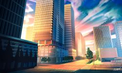 Rule 34 | building, city, cityscape, cloud, commentary request, crosswalk, fence, hakuurei amano, highres, no humans, original, outdoors, reflection, road, road sign, scenery, shadow, sign, sky, skyscraper, street, sunset, tree
