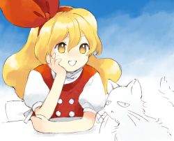 Rule 34 | 1boy, 1girl, blonde hair, bow, buttons, cat, dress, ellen (touhou), hair bow, hand on own face, happy, kaigen 1025, long hair, open mouth, puffy short sleeves, puffy sleeves, red bow, shirt, short sleeves, sokrates (touhou), touhou, white cat, white shirt, yellow eyes