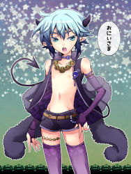 Rule 34 | 1boy, absurdres, ahoge, belt, blue hair, child, collar, demon boy, demon tail, elbow gloves, fingerless gloves, gloves, green eyes, highres, horns, jewelry, looking at viewer, male focus, nana (pixiv5062684), navel, necklace, nipples, open mouth, pointy ears, shorts, solo, standing, star (symbol), tail, thighhighs, translation request, vest