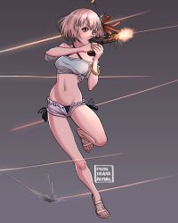 Rule 34 | absurdres, artist name, bracelet, projectile trail, finger on trigger, firing, grey background, gun, handgun, highres, holding, jewelry, legs, lycoris recoil, midriff, muzzle flash, navel, nishikigi chisato, pink hair, pink shorts, puto trash, red eyes, ricocheting, sandals, shell casing, short shorts, shorts, toes, two-handed, unzipped, weapon