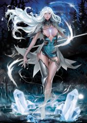Rule 34 | 1girl, ankle boots, asymmetrical legwear, belt, boots, breasts, cape, capelet, closed mouth, dress, forest, full body, full moon, green dress, grey cape, grey eyes, holding, holding polearm, holding spear, holding weapon, ice, jewelry, lance, lips, long hair, looking at viewer, lsr, medium breasts, moon, nature, necklace, night, night sky, nose, original, outdoors, pink lips, polearm, short dress, silver hair, single thighhigh, sky, smile, solo, spear, thigh boots, thigh gap, thighhighs, tree, turtleneck, uneven legwear, weapon