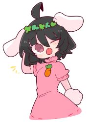 Rule 34 | 1girl, animal ears, black hair, carrot necklace, dress, floppy ears, frilled dress, frilled sleeves, frills, highres, inaba tewi, necklace, op na yarou, pink dress, pink eyes, puffy short sleeves, puffy sleeves, rabbit ears, rabbit tail, ribbon-trimmed dress, short hair, short sleeves, simple background, solo, tail, touhou, wavy hair, white background