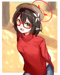 Rule 34 | 1girl, absurdres, arms behind back, ayane (blue archive), azisai, black hair, blue archive, breasts, brown hat, glasses, hair ornament, halo, hat, highres, long sleeves, looking at viewer, open mouth, pointy ears, red-framed eyewear, red sweater, short hair, sidelocks, small breasts, smile, solo, sweater