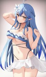 Rule 34 | 1girl, ahoge, bikini, blue hair, blue nails, blush, braid, breasts, flower, frilled bikini, frills, hair flower, hair ornament, highres, hololive, jewelry, large breasts, long hair, looking at viewer, multicolored hair, navel, necklace, pointy ears, skirt, solo, stomach, strapless, strapless bikini, streaked hair, swimsuit, thomas 8000, underboob, very long hair, virtual youtuber, white skirt, yellow eyes, yukihana lamy