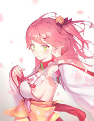 Rule 34 | 1girl, :3, ahoge, arm up, bell, blush, breasts, cherry blossoms, closed mouth, commentary, detached sleeves, floral print, green eyes, hair bell, hair ornament, hair ribbon, hand in own hair, highres, hololive, japanese clothes, kimono, large breasts, long hair, looking at viewer, nontraditional miko, obi, paw print, paw print pattern, petals, pink hair, ribbon, sakura miko, sakura miko (1st costume), sangan 35p, sash, side ponytail, sideboob, simple background, smile, solo, tassel, upper body, virtual youtuber, white background, white kimono, wide sleeves, wind, wing collar, x hair ornament