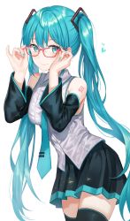 Rule 34 | 1girl, absurdres, aqua eyes, aqua hair, bad id, bad twitter id, bare shoulders, black skirt, black thighhighs, breasts, collared shirt, cowboy shot, detached sleeves, glasses, grey shirt, hair ornament, hands up, hatsune miku, highres, long hair, long sleeves, looking at viewer, medium breasts, miniskirt, nail polish, necktie, pleated skirt, red-framed eyewear, shirt, simple background, skirt, smile, solo, standing, thighhighs, tokkyu, twintails, very long hair, vocaloid, white background, zettai ryouiki