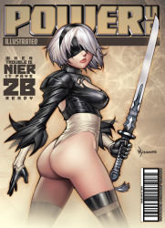 Rule 34 | 1girl, ass, barcode, black blindfold, black gloves, black hairband, blindfold, boots, breasts, cleavage cutout, clothing cutout, commentary, cover, covered eyes, english commentary, english text, fake magazine cover, feather-trimmed sleeves, gloves, hair over one eye, hairband, highleg, highleg leotard, highres, holding, holding sword, holding weapon, juliet sleeves, katana, leotard, lips, long sleeves, magazine cover, medium breasts, nier:automata, nier (series), no mole, puffy sleeves, ryan kinnaird, shiny clothes, short hair, shrug (clothing), silver hair, solo, square enix, sword, thigh boots, thighhighs, thighhighs under boots, thong leotard, vambraces, virtuous contract, weapon, white leotard, 2b (nier:automata)