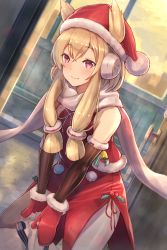 Rule 34 | 1girl, animal ears, arm warmers, armpit crease, azur lane, backlighting, bare shoulders, bell, blonde hair, blue ribbon, blush, closed mouth, commentary request, day, door, dress, dutch angle, earmuffs, ears through headwear, fur trim, hair between eyes, hat, highres, holding, holding sack, indoors, legs apart, long hair, looking at viewer, mittens, pantyhose, pelvic curtain, red dress, red eyes, red hat, ribbon, sack, santa hat, scarf, side slit, sidelocks, sleeveless, sleeveless dress, smile, solo, standing, striped ribbon, twitter username, v arms, warspite (azur lane), white pantyhose, white scarf, yu ni t