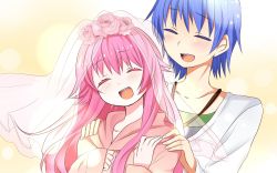 Rule 34 | 1boy, 1girl, bad id, blue hair, character request, copyright request, closed eyes, flower, highres, long hair, open mouth, pink hair, rose, smile, tsukudani norio