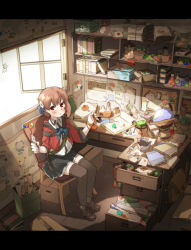 Rule 34 | 1girl, alchemist, alchemy, amonitto, bag, black skirt, black thighhighs, blush, book, bookmark, bookshelf, bow, box, bulletin board, cardboard box, chair, collared shirt, commentary request, cropped jacket, desk, drawer, erlenmeyer flask, flask, flower pot, gift, gift box, globe, hair ribbon, hourglass, indoors, jacket, knife, letter, letterboxed, light brown hair, looking at viewer, open book, open clothes, open drawer, open jacket, open mouth, open window, original, paper, pincers, plant, pliers, potted plant, red eyes, red jacket, ribbon, round-bottom flask, satchel, scroll, shelf, shirt, sitting, skirt, skull, solo, stuffed animal, stuffed toy, sunlight, teddy bear, test tube, thighhighs, trash can, tube, white shirt, window, wristband, zettai ryouiki