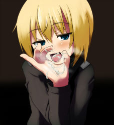 Rule 34 | 1girl, atahuta, bad id, bad pixiv id, black background, blonde hair, blue eyes, blush, cum, cum in mouth, cum on hands, cum on tongue, cum string, erica hartmann, fellatio gesture, looking at viewer, naughty face, open mouth, petite, pinky out, saliva, short hair, solo, strike witches, tongue, upper body, world witches series